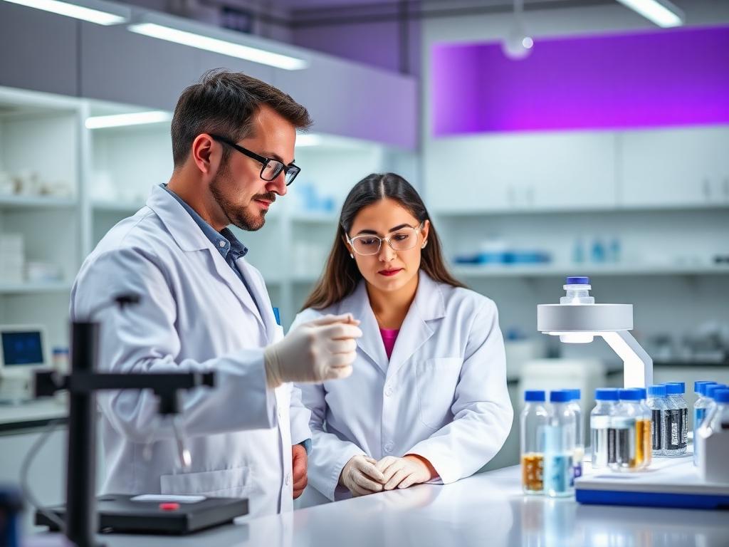 Two laboratory specialists reviewing samples